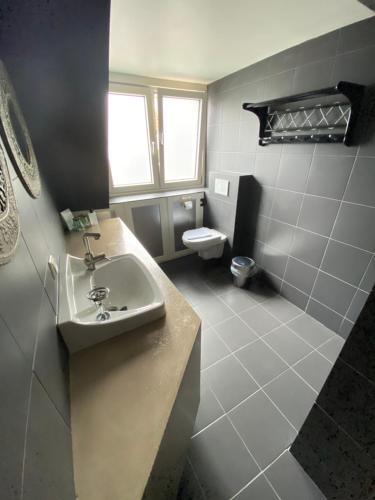 ein Bad mit einem Waschbecken und einem WC in der Unterkunft Hotel Buren in West-Terschelling