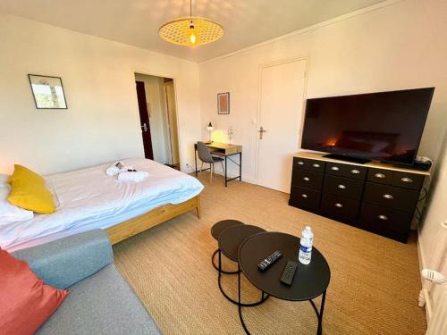 - une chambre avec un lit, une télévision et une table dans l'établissement Giena - SILS, à Caen