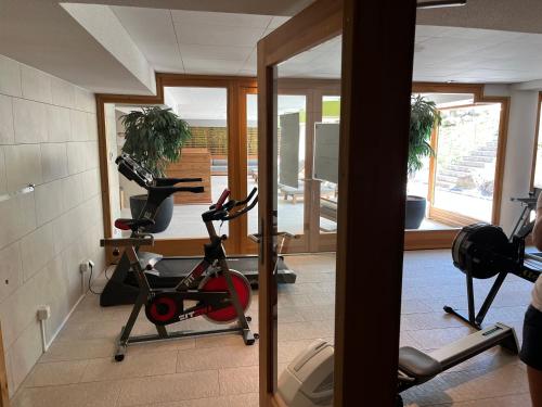une salle de sport avec deux vélos d'exercice dans l'établissement T3 rez-de-jardin avec fitness, sauna et tennis - village et ski à pied, à La Chapelle-dʼAbondance