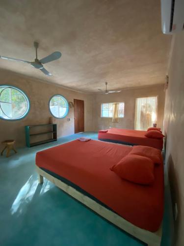 1 dormitorio con 2 camas y 2 ventanas en Hostal Mulut Tulum, en Tulum