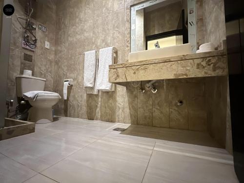 a bathroom with a toilet and a sink and a mirror at Giza Pyramids View Inn in Cairo