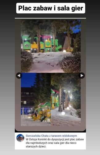 a collage of two pictures of a playground at night at Gorczańska Chata z tarasem widokowym in Poręba Wielka