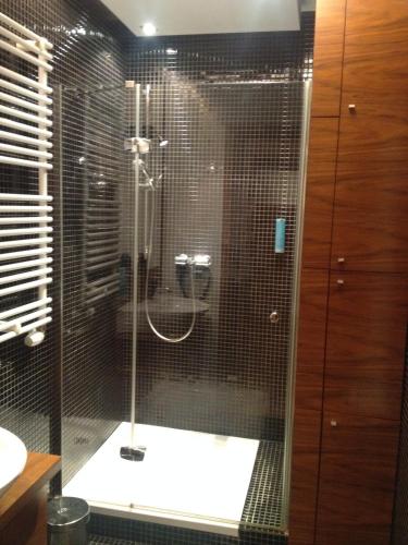 La salle de bains est pourvue d'une douche avec une porte en verre. dans l'établissement Willa Port Rezydencje, à Ostróda