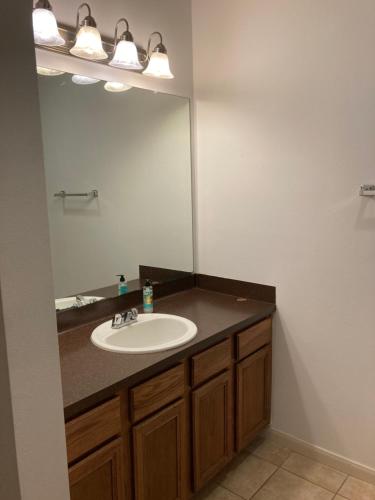 baño con lavabo y espejo grande en Lovely Downtown Room #2 no smoking no kids second floor en Houston