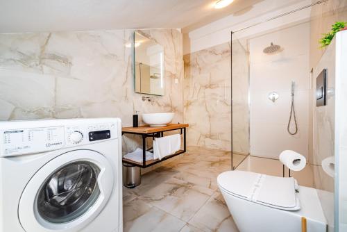 une salle de bain avec machine à laver et toilettes dans l'établissement Family-friendly apartments with swimming pool Sveti Filip i Jakov, Biograd - 20861, à Sveti Filip i Jakov