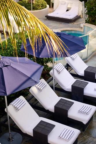 a group of lounge chairs and umbrellas next to a pool at Loews Miami Beach Hotel in Miami Beach