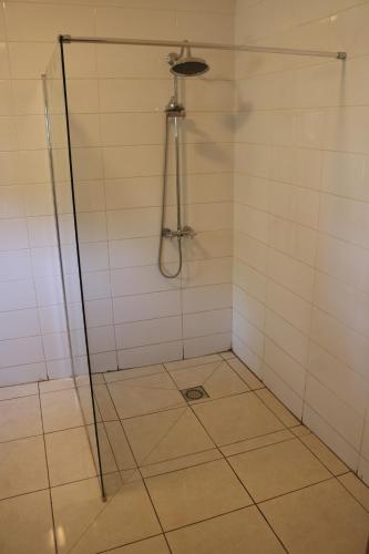 a shower with a glass door in a bathroom at The Rink Apartment's in Sukuta