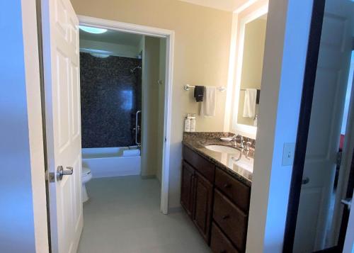 a bathroom with a sink and a toilet and a mirror at Staybridge Suites Great Falls by IHG in Great Falls