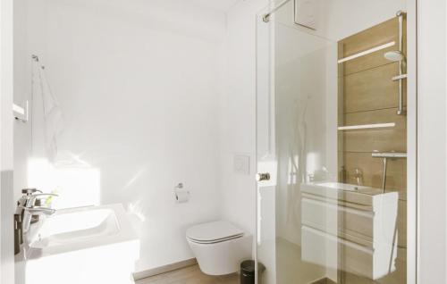 a bathroom with a toilet and a sink and a shower at Pet Friendly Apartment in Lembruch