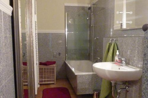 La salle de bains est pourvue d'un lavabo et d'une baignoire. dans l'établissement Ferienwohnungen Villa Haniel Paul, à Dresde