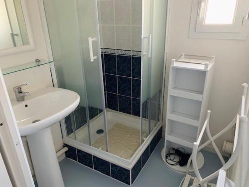 La salle de bains est pourvue d'une douche en verre et d'un lavabo. dans l'établissement Maison Bretignolles-sur-Mer, 3 pièces, 4 personnes - FR-1-231-146, à Bretignolles-sur-Mer