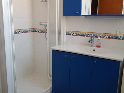 ein Badezimmer mit blauem Waschbecken und Dusche in der Unterkunft Notre-Dame-de-Monts (85) - Appartement de vacances 55m² environ - 5 personnes - FR-1-540-147 in Notre-Dame-de-Monts