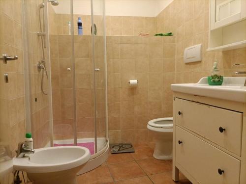 a bathroom with a shower and a sink and a toilet at il CAPITELLO in Rieti