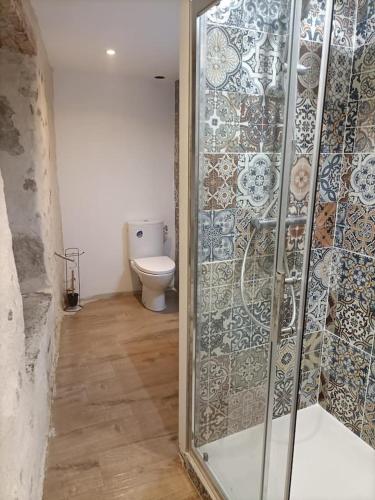 une salle de bain avec toilettes et douche en verre dans l'établissement Superbe appartement au cœur du village, à Largentière