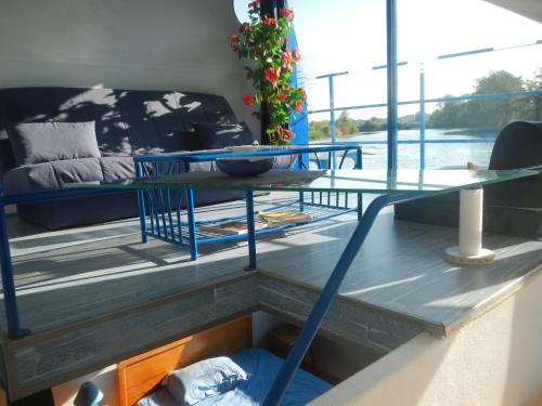 ein Zimmer mit einem Tisch und einem Sofa auf einem Boot in der Unterkunft Maison flottante sur la seille in Cuisery