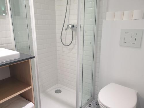uma casa de banho com um chuveiro, um WC e um lavatório. em Hotel Des Bains em Veulettes-sur-Mer
