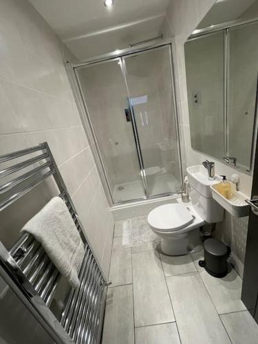 a bathroom with a shower and a toilet and a sink at Luxury home in Anfield in Liverpool