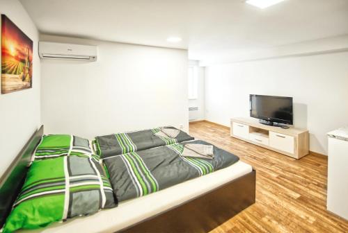 a bedroom with a bed and a flat screen tv at Chaloupka víno sklep U Palečků in Zaječí