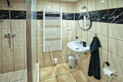 a bathroom with a sink and a shower at Chaloupka víno sklep U Palečků in Zaječí