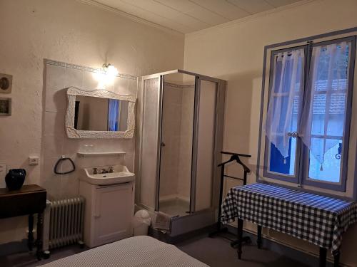 ein Bad mit einer Dusche und einem Waschbecken in der Unterkunft La Roseraie in Lodève