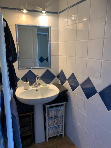 bagno con lavandino e specchio di Les clapiers appartement avec jacuzzi et rivière. a Mialet