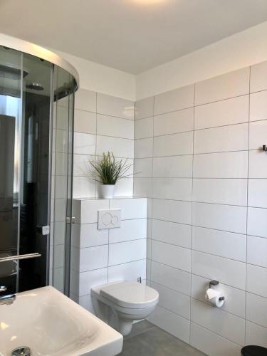 a white bathroom with a toilet and a sink at Erdgeschoss-Appartement mit Seeterasse in Ahrensbök
