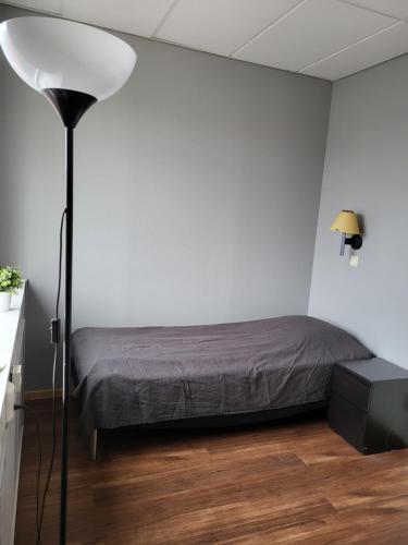 a bedroom with a bed and a floor lamp at Apartments Centralstation in Uppsala