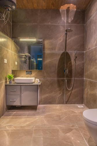 a bathroom with a shower and a sink and a toilet at The BlackPearl Hillcrest in Kasauli