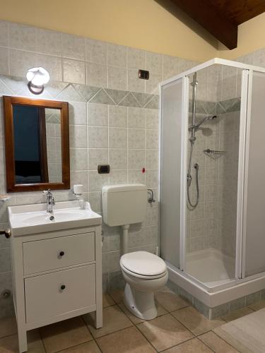 ein Bad mit einer Dusche, einem WC und einem Waschbecken in der Unterkunft Cadgal - Tenuta Valdivilla in Santo Stefano Belbo