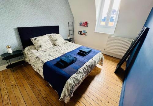 - une chambre avec un lit et une couverture bleue dans l'établissement Appart Rouen Jardin des plantes, à Rouen