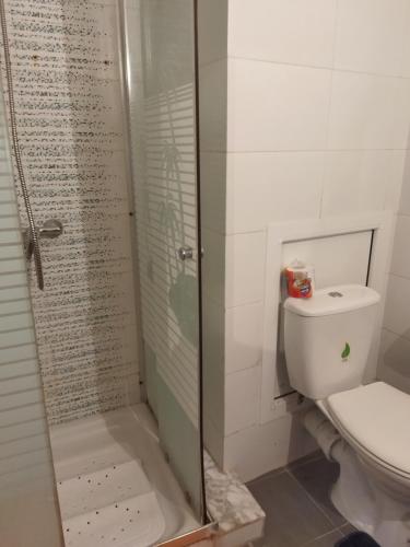 a bathroom with a toilet and a glass shower at Adam beautiful loft in Nabeul