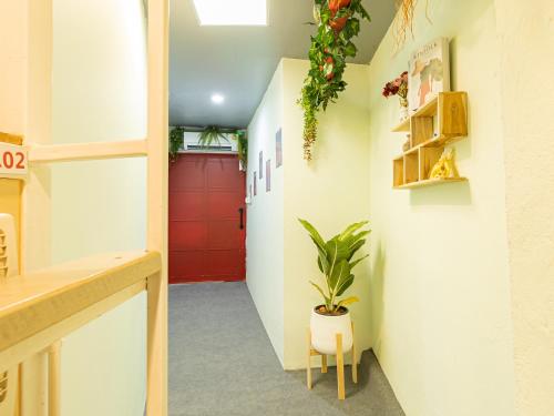 a hallway with a red door and a potted plant at Khao San Social Capsule Hostel in Bangkok
