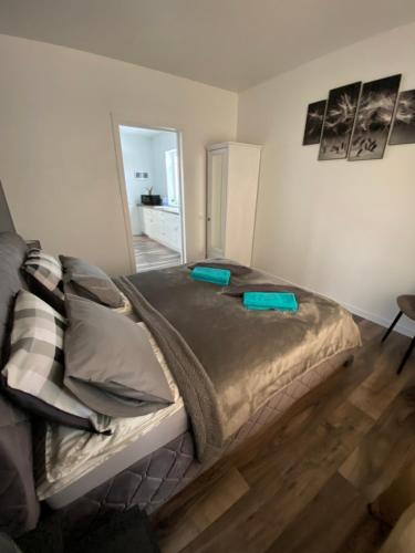 - une chambre avec un grand lit et des oreillers verts dans l'établissement Trumpalaikė Nuoma-Apgyvendinimas, à Rokiškis