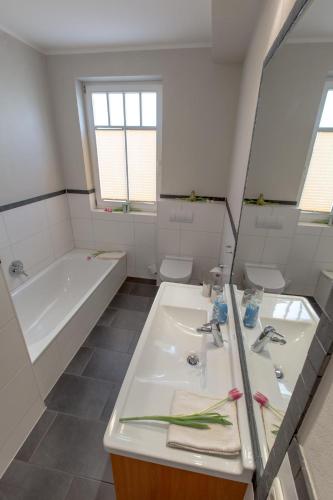 a bathroom with a sink and a tub and a mirror at Villa-Senta-Apartment-1 in Kühlungsborn