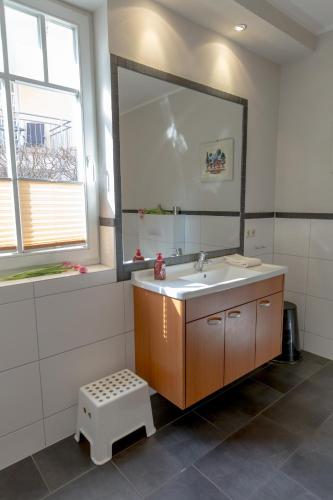 a bathroom with a sink and a large mirror at Villa-Senta-Apartment-2 in Kühlungsborn