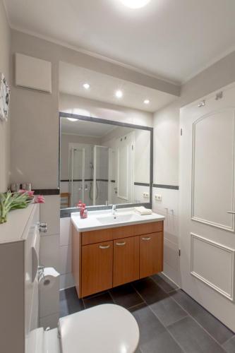 a bathroom with a sink and a toilet and a mirror at Villa-Senta-Apartment-8 in Kühlungsborn