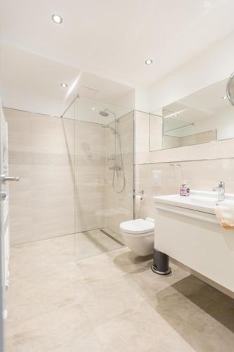 a bathroom with a shower and a toilet and a sink at Sunnevelt-Apartment-10 in Kühlungsborn