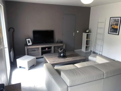 uma sala de estar com um sofá e uma televisão de ecrã plano em Echoppe Bordelaise chaleureuse em Bordeaux