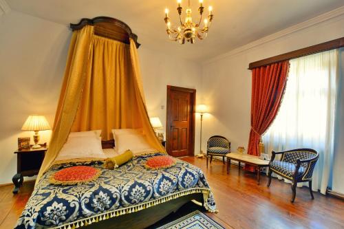 a bedroom with a bed with a canopy at Casa Georgius Krauss Sighisoara in Sighişoara