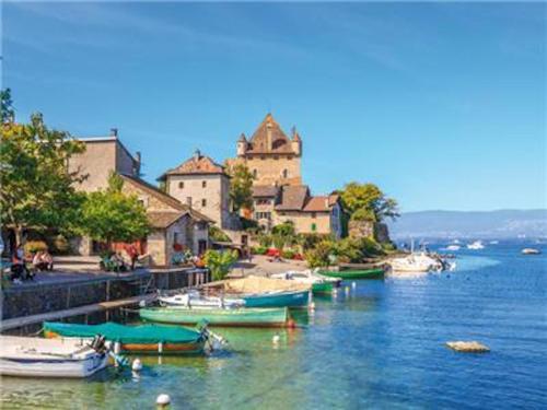 un groupe de bateaux est amarré dans une masse d'eau dans l'établissement Wonderful La Villa du Lac - One Bedroom, 4 people, à Divonne-les-Bains