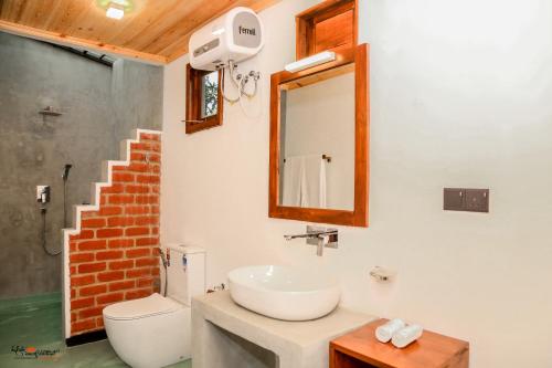 ein Badezimmer mit einem Waschbecken, einem WC und einem Spiegel in der Unterkunft NATURALIZA in Sigiriya