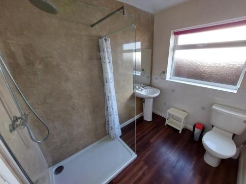 a bathroom with a shower and a toilet and a sink at Dainville Lodge in Skegness