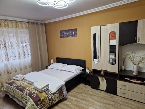 a bedroom with a bed and a dresser and a mirror at Garsoniera in Băile Herculane
