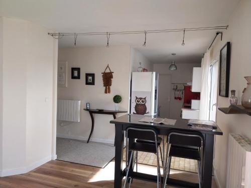 une cuisine avec une table, des chaises et un réfrigérateur dans l'établissement Les Burgondes, à Dijon