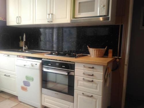 a kitchen with white cabinets and a stove top oven at PARIS 14e centre avec cuisine in Paris