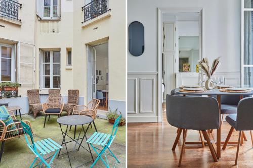 deux photos d'une chambre avec des chaises et une table dans l'établissement Residence Tour Eiffel by Studio prestige, à Paris