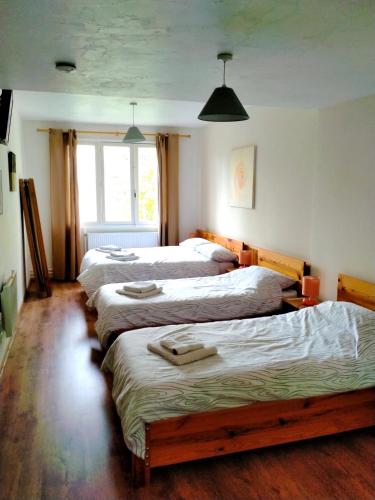 a bedroom with three beds and a window at Hotel du Centre in Châlus