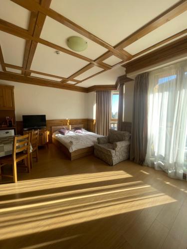 ein Schlafzimmer mit einem Bett, einem Stuhl und einem Schreibtisch in der Unterkunft Apartament by Zenit in Pirin Golf Hotel & SPA C35-36 in Raslog
