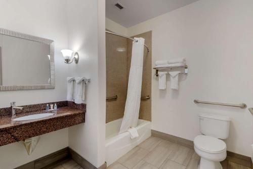 a bathroom with a toilet and a sink and a mirror at Comfort Suites Stockbridge Atlanta South in Stockbridge