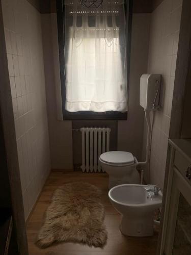 a bathroom with a toilet and a sink and a rug at Deliziosa casa indipendente in Imola